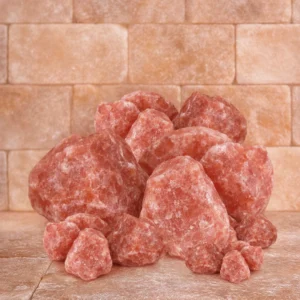 Bryłki z czerwonej soli himalajskiej podświetlone w saunie imitujące rozżarzone węgle Bryłki z czerwonej soli himalajskiej podświetlone w saunie imitujące rozżarzone węgle